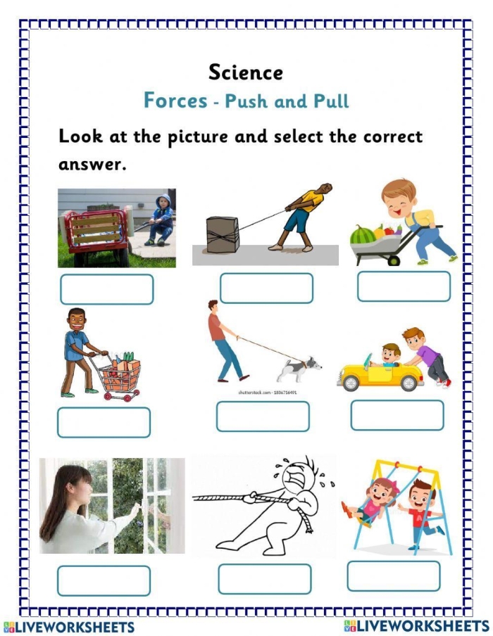 Identify Pushes and Pulls worksheet for kindergarten students exploring everyday forces