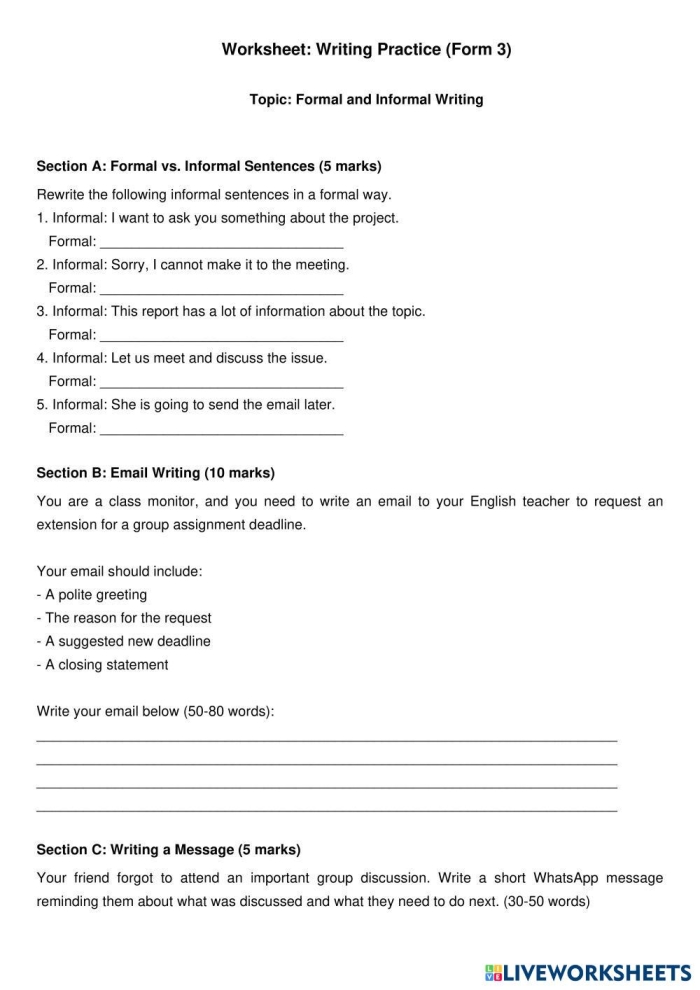Formal Writing Tone Practice Exercise 12 Sixth grade student worksheet showing examples of converting informal language to formal tone in nonfiction writing