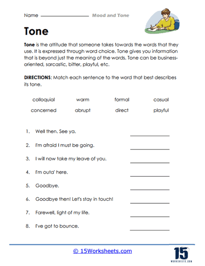 Formal Tone Writing Practice Activity for Middle School Students Sixth grade student completing a formal writing worksheet exercise on avoiding informal language