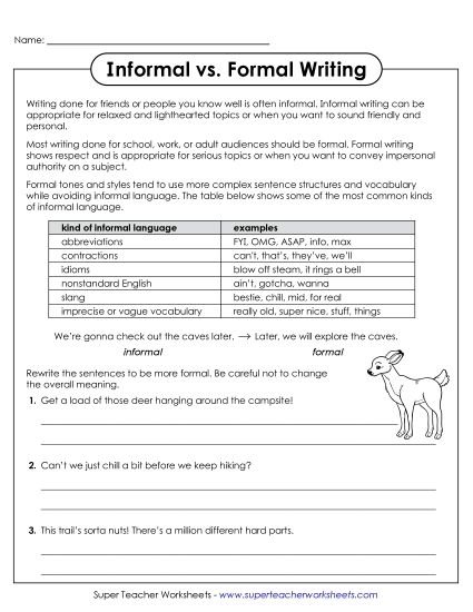 Formal Writing Practice Exercise for Middle School Students Sixth grade student completing a formal tone writing worksheet with examples of informal and formal language