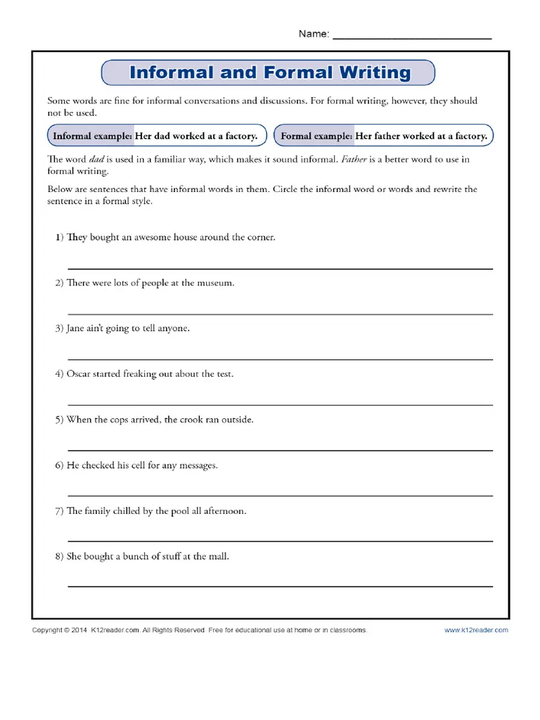 Writing With a Formal Tone Worksheet for 6th Grade Students Sixth grade student working on a worksheet about using formal language in nonfiction writing