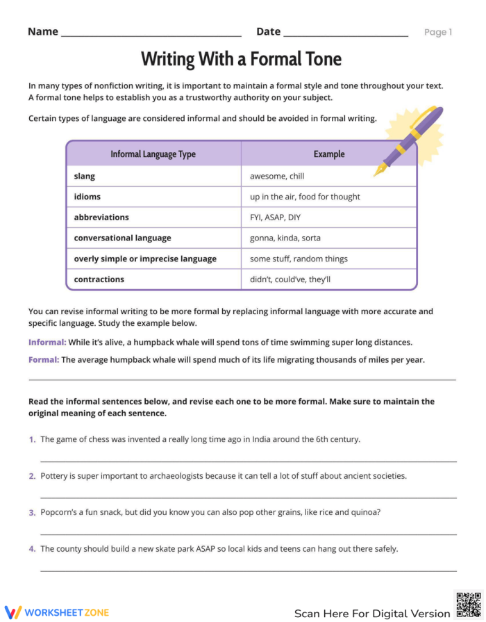 Formal Tone Writing Practice Activity for Middle School Students Sixth grade student completing a formal writing worksheet with exercises on replacing casual language with professional vocabulary