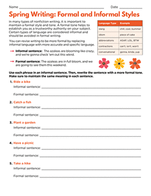 Writing With a Formal Tone Practice Sheet for Grade 6 Sixth grade student completing a formal tone writing worksheet with examples of informal and formal language