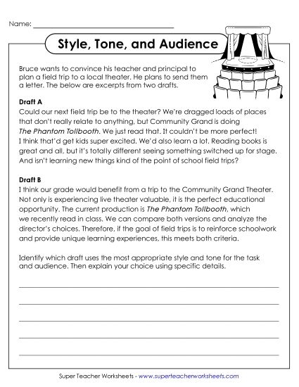 Writing With a Formal Tone Worksheet for 6th Grade Practice Sixth grade student completing a formal writing tone worksheet on a wooden desk