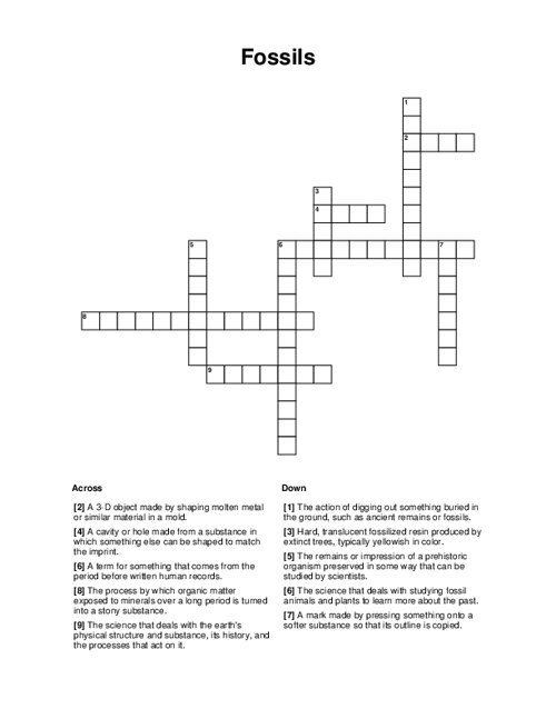 Third grade science worksheet featuring a crossword puzzle about fossils and extinct animals