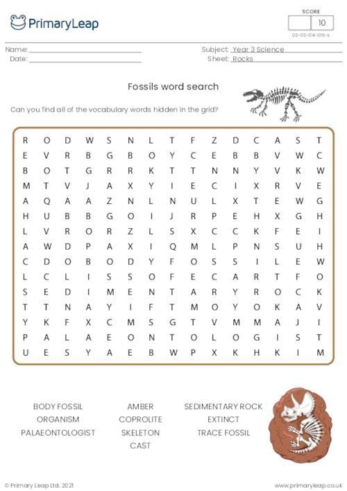 Fossils and extinct animals word search worksheet for fifth graders featuring dinosaurs and more