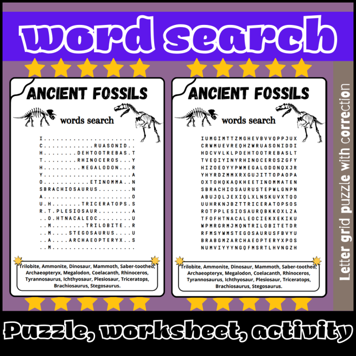 Fifth grade students solving a fossils and extinct animals themed word search puzzle