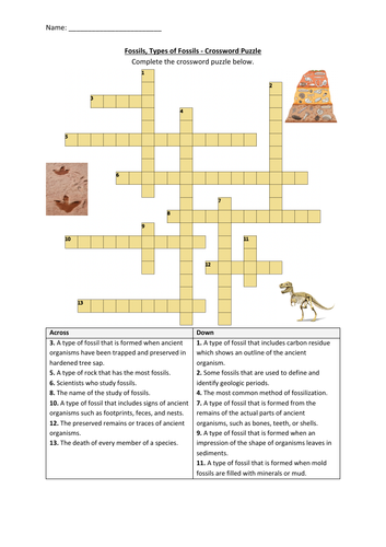 Third grade science worksheet featuring a crossword puzzle about fossils and extinct animals