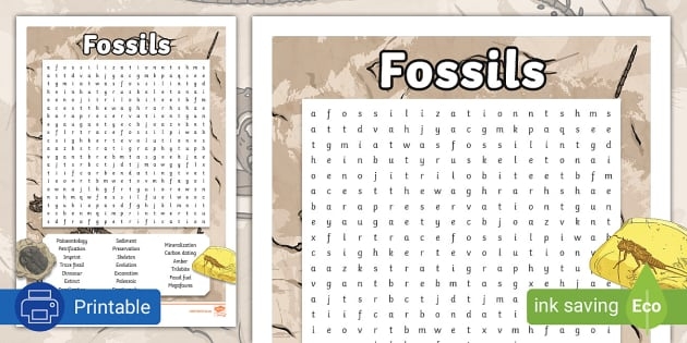 Fifth grade history worksheet featuring a word search puzzle about ancient fossils and extinct animals
