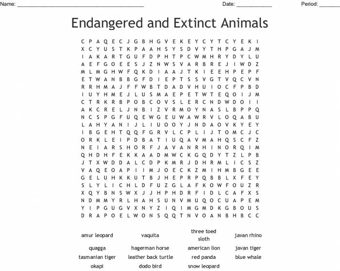 Fifth grade word search worksheet featuring fossils and extinct animals