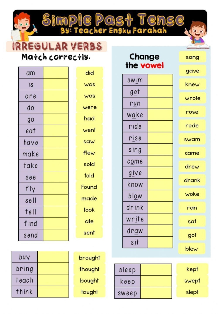 Worksheet for practicing irregular past-tense verbs for third graders