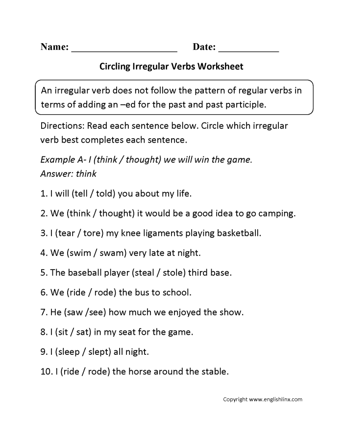 Worksheet for practicing irregular past-tense verbs for third graders