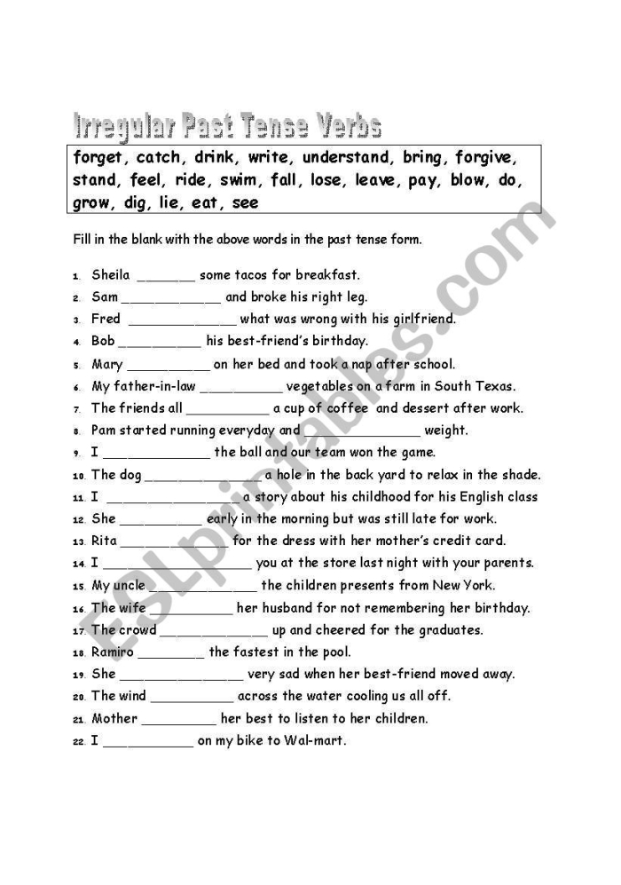 Worksheet featuring third graders practicing irregular past-tense verbs in geometry