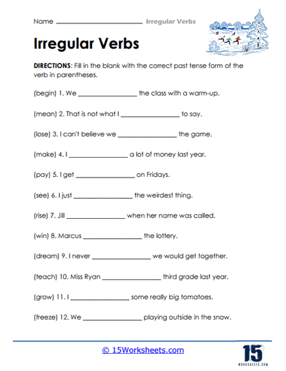 Third grade student practicing irregular past-tense verbs on the Found It worksheet number 17