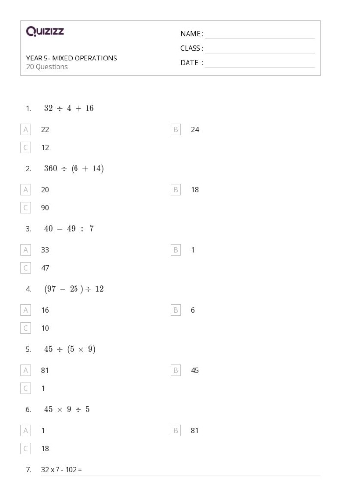 Fourth grade students engaging in a math competition with the Four in a Row: Mixed Operations worksheet