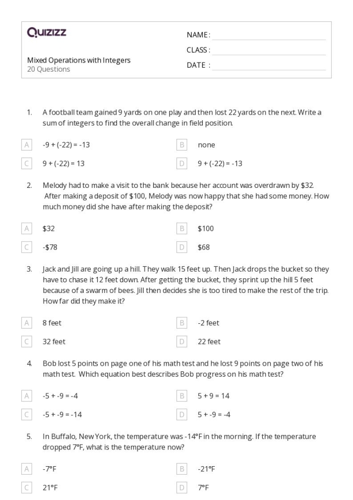 Four in a Row worksheet featuring mixed math operations for third graders