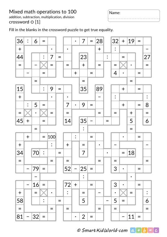 Colorful worksheet for the Four in a Row: Mixed Operations math game for third graders
