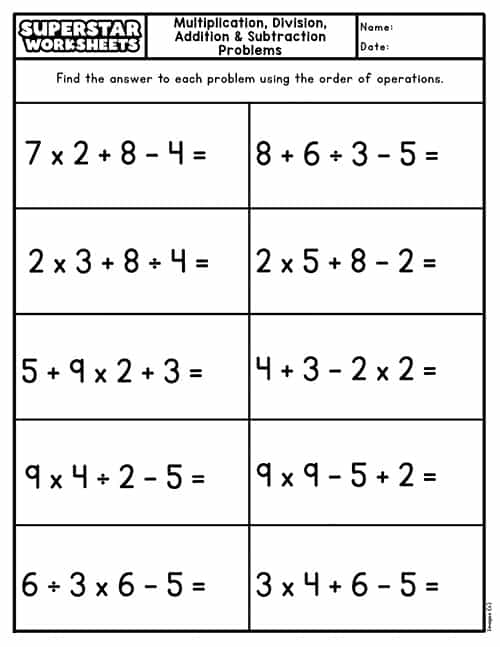 Four in a Row worksheet featuring mixed operations for third graders