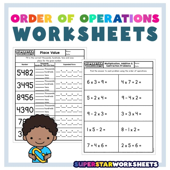 Worksheet showcasing the Four in a Row: Mixed Operations game for third graders