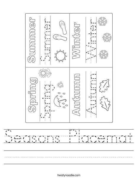 Colorful illustration of the Four Seasons Activity Placemat worksheet for kindergarten students to enhance learning. Engaging placemat design featuring seasonal images for educational use.