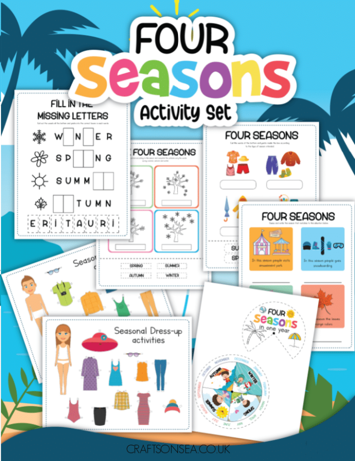 Colorful worksheet featuring the four seasons for kindergarten students to fill out and decorate. Four Seasons Activity Placemat worksheet for fun learning in time and money.