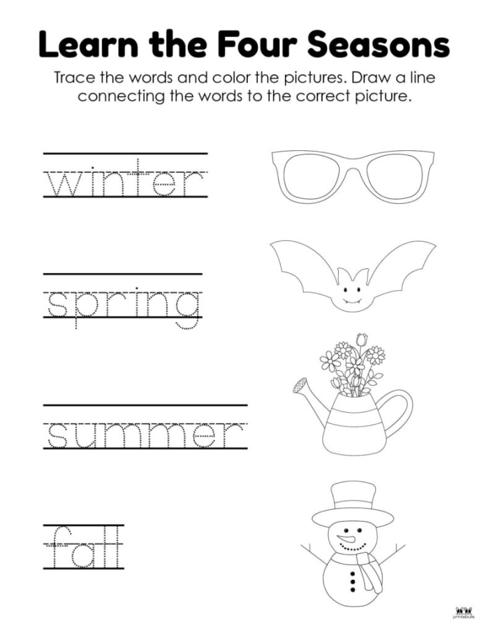 Colorful Four Seasons Activity Placemat worksheet for kindergarten children to learn about seasons. Engaging placemat design featuring seasonal illustrations to enhance learning and creativity.