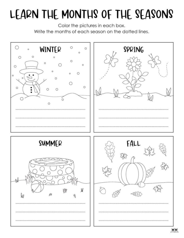 Printable worksheet for improving handwriting skills focused on the four seasons for Pre-K students
