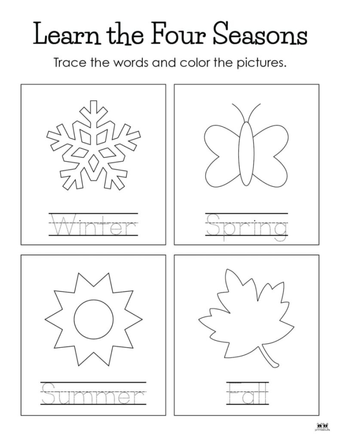 Printable worksheet for practicing handwriting about the four seasons for Pre-K kids