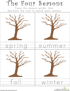 Printable worksheet for children to practice handwriting focused on the four seasons