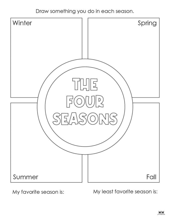 Printable worksheet for improving handwriting skills focused on the four seasons for Pre-K students