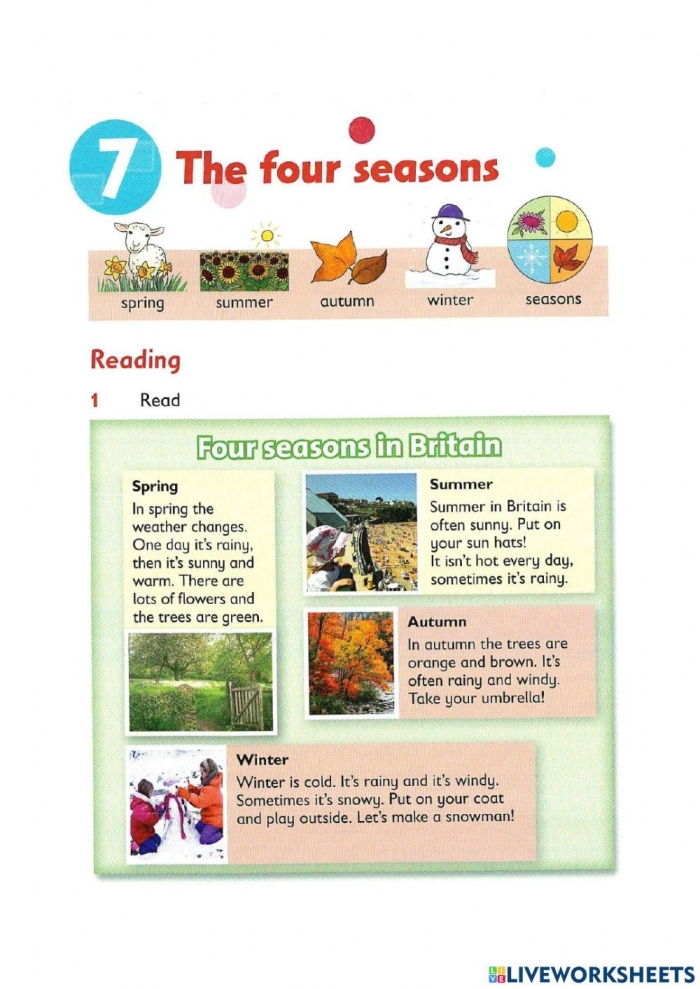 Printable worksheet for handwriting practice featuring the four seasons theme