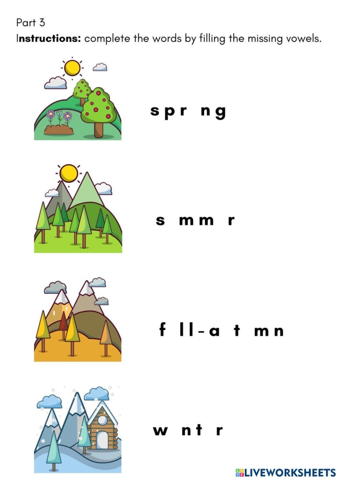 Colorful worksheet for the Four Seasons Activity Placemat designed for kindergarten students. Four Seasons Activity Placemat worksheet for hands-on learning about seasons.