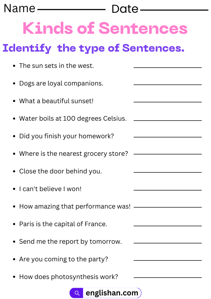 The Four Types of Sentences Practice Worksheet for Grade 4 Students Fourth grade worksheet covering declarative, imperative, exclamatory, and interrogative sentence types for English learners