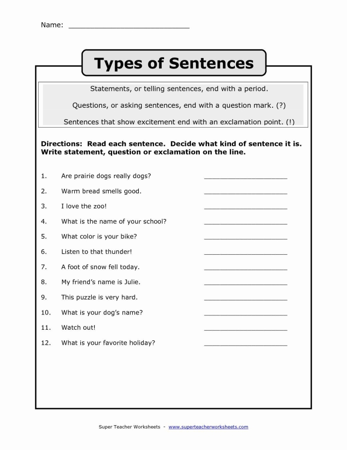 Educational resource for mastering declarative, imperative, exclamatory, and interrogative sentences Worksheet showcasing the four types of sentences for fourth graders learning handwriting