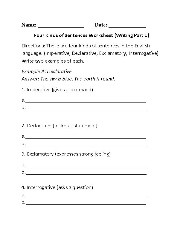 Handwriting worksheet for Fourth Grade Worksheet for teaching the four types of sentences: declarative, imperative, exclamatory, and interrogative. The Four Types of Sentences worksheet for fourth graders in handwriting practice.