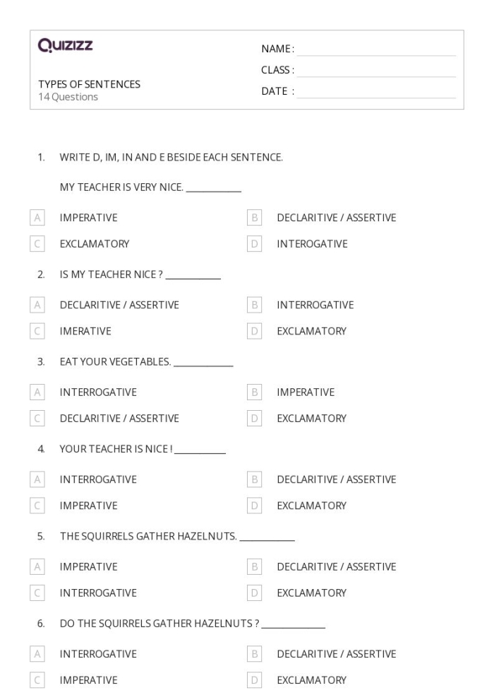 The Four Types of Sentences educational worksheet for English learners Worksheet illustrating the four types of sentences for fourth-grade handwriting practice