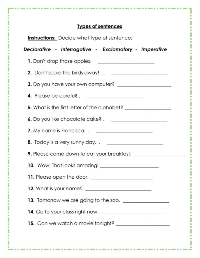 Educational resource for teaching sentence types to English learners in handwriting practice. Worksheet illustrating the four types of sentences: declarative, imperative, exclamatory, and interrogative for fourth graders.