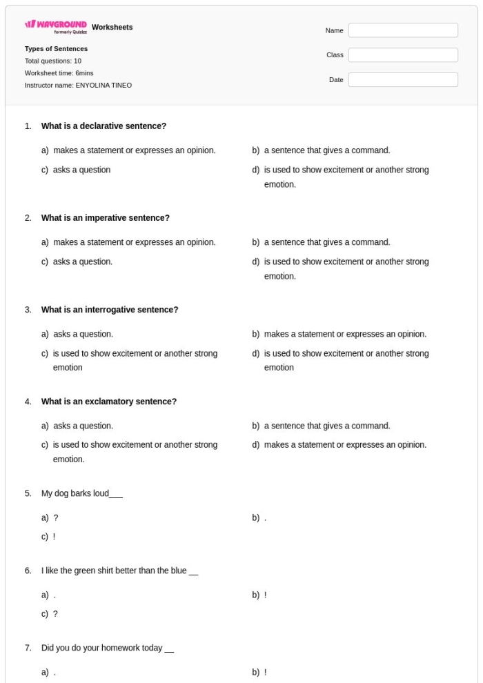 Handwriting worksheet for Fourth Grade Worksheet for teaching the four types of sentences: declarative, imperative, exclamatory, and interrogative. Educational resource for fourth-grade handwriting practice focused on sentence structures.