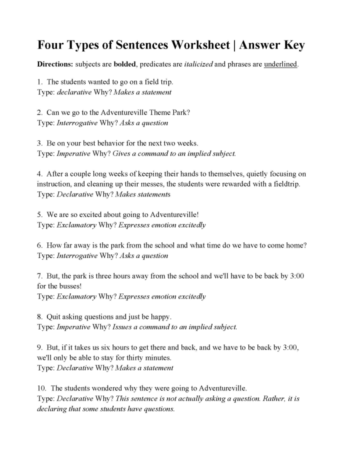 Educational resource for fourth grade handwriting practice on sentence types. Worksheet illustrating the four types of sentences: declarative, imperative, exclamatory, and interrogative for fourth graders.
