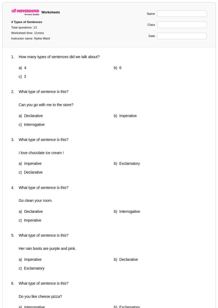 The Four Types of Sentences educational worksheet for ELs Worksheet illustrating the four types of sentences for fourth graders learning handwriting