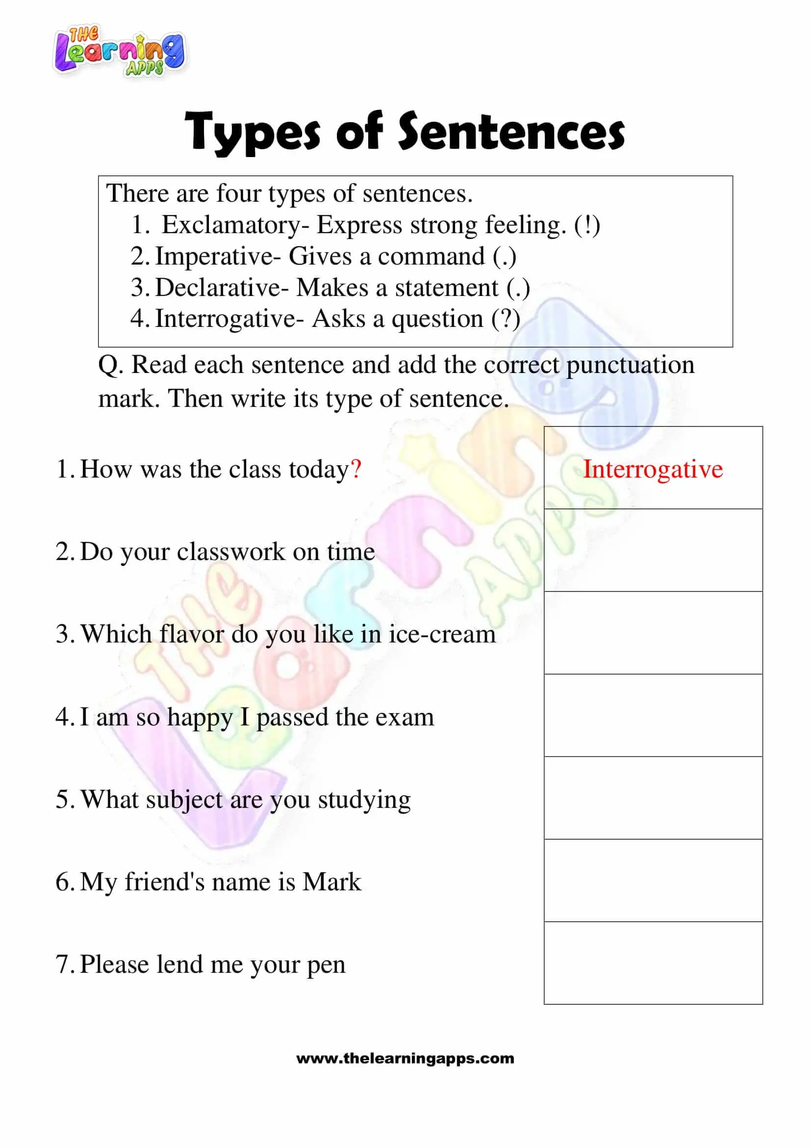 Handwriting worksheet for Fourth Grade Worksheet for teaching the four types of sentences: declarative, imperative, exclamatory, and interrogative. Educational resource for fourth-grade handwriting practice.