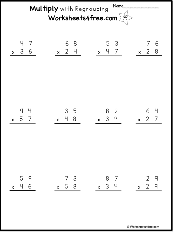 Worksheet for practicing 2-digit multiplication with one-digit numbers aimed at fourth graders