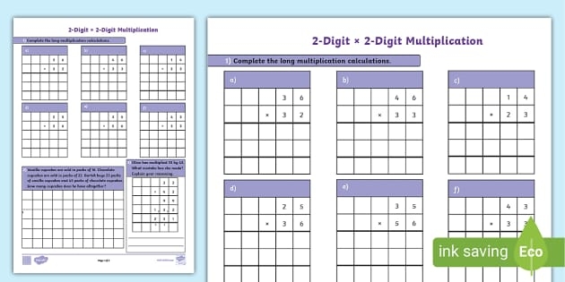 2-Digit Multiplication practice worksheet for fourth graders featuring problems with two-digit and one-digit numbers