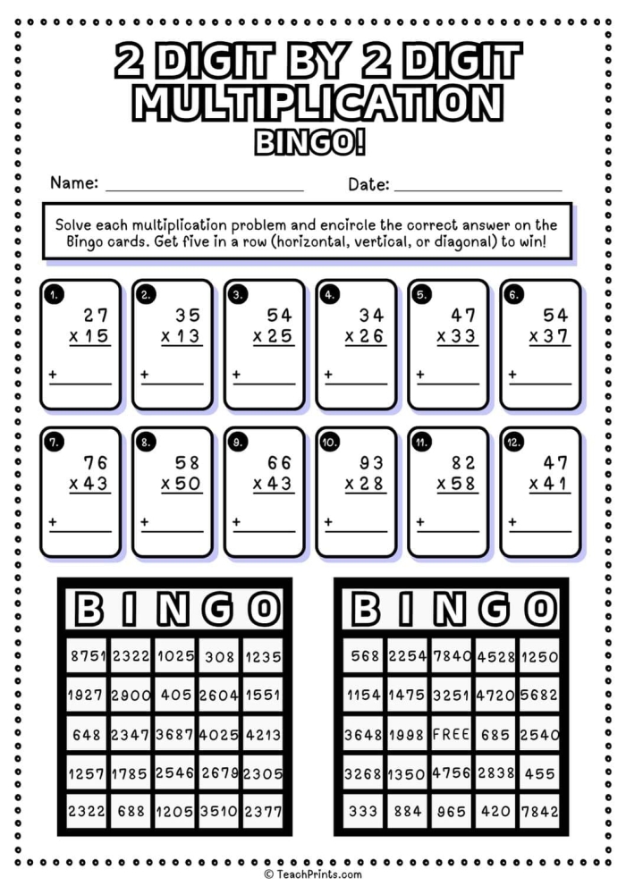 Worksheet featuring 2-digit multiplication problems for fourth graders