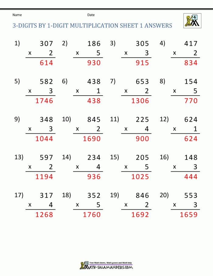 3-Digit by 1-Digit Multiplication Worksheet for Grade 4 Lesson 5 Fourth grade math worksheet featuring 3-digit by 1-digit multiplication problems