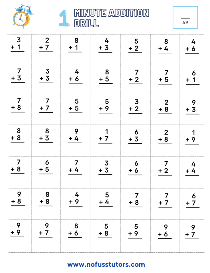 Fourth grade student solving a 3-Minute Math Drill addition worksheet page