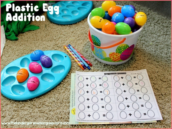 A fourth grade student solving addition problems with egg-themed illustrations for a coloring activity