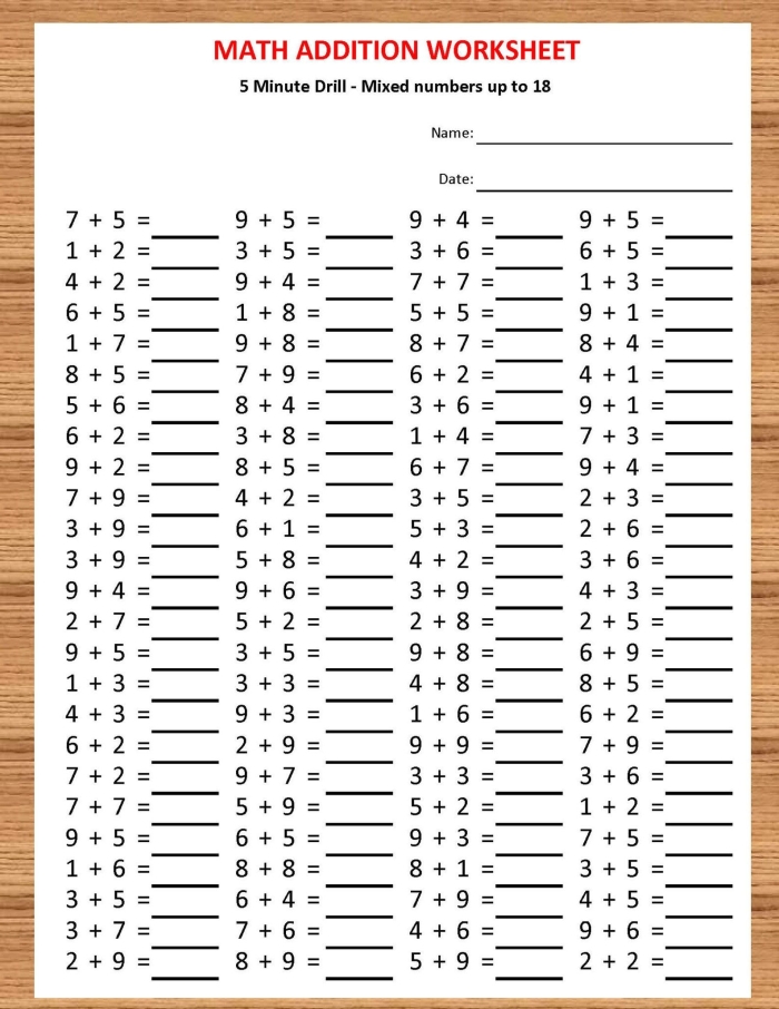 4th grade addition worksheet featuring a three-minute math drill