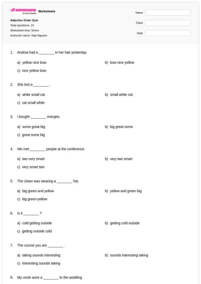 Fix the Sentences Adjective Order Worksheet 8 Fourth grade adjective order worksheet showing sentences to be fixed