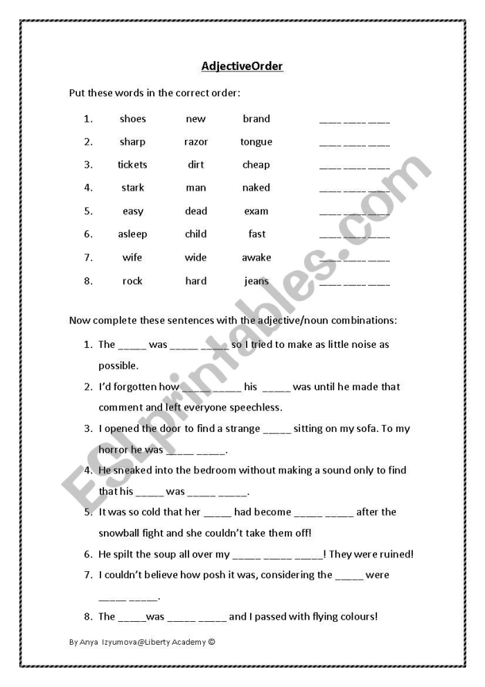 Measurement Adjective Order Grammar Worksheet for Fourth Grade Image 7 Fourth grade grammar worksheet featuring practice exercises on the correct order of adjectives for measurement
